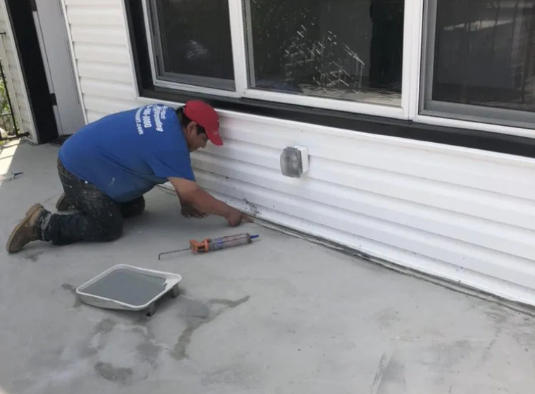 man sealing the exterior of porch wall